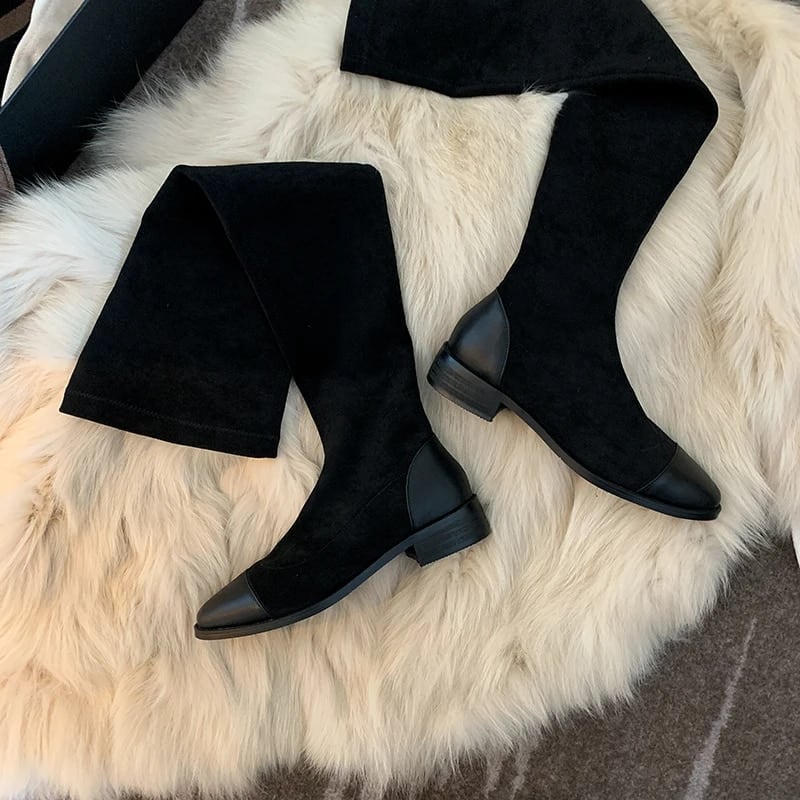 女性のための本革の長いローヒールの膝上ブーツ,パーティーシューズ,冬のためのタイトで暖かい