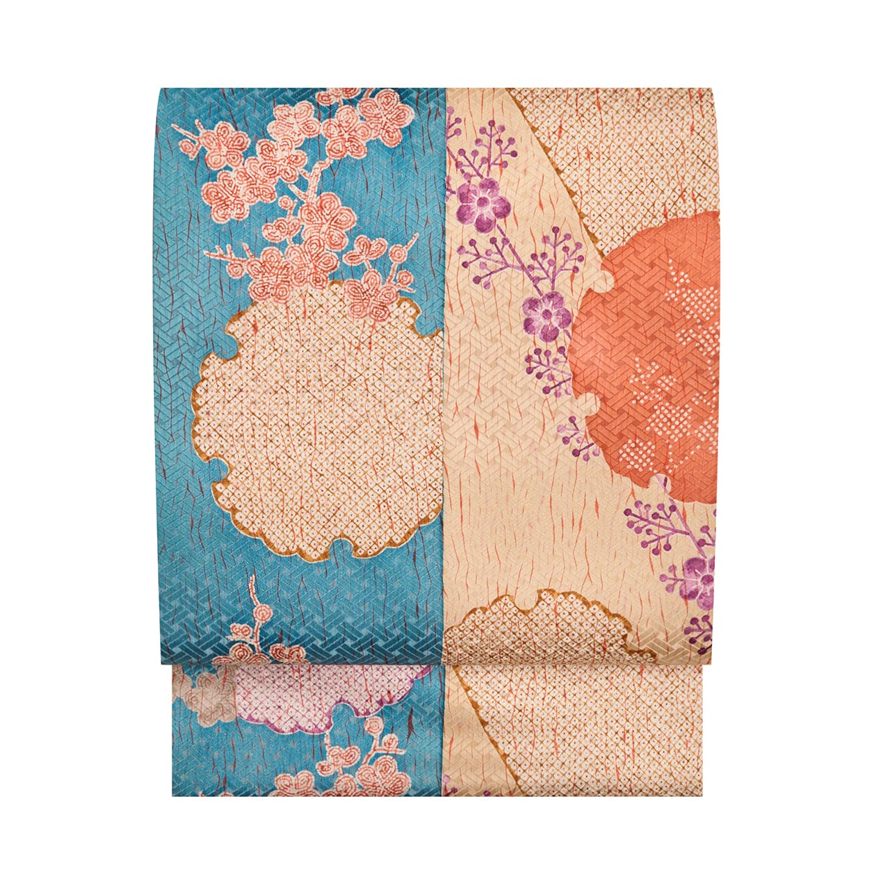 宮城里子 本場琉球紅型 月桃に蝶々の模様 生紬 開名古屋帯【中古