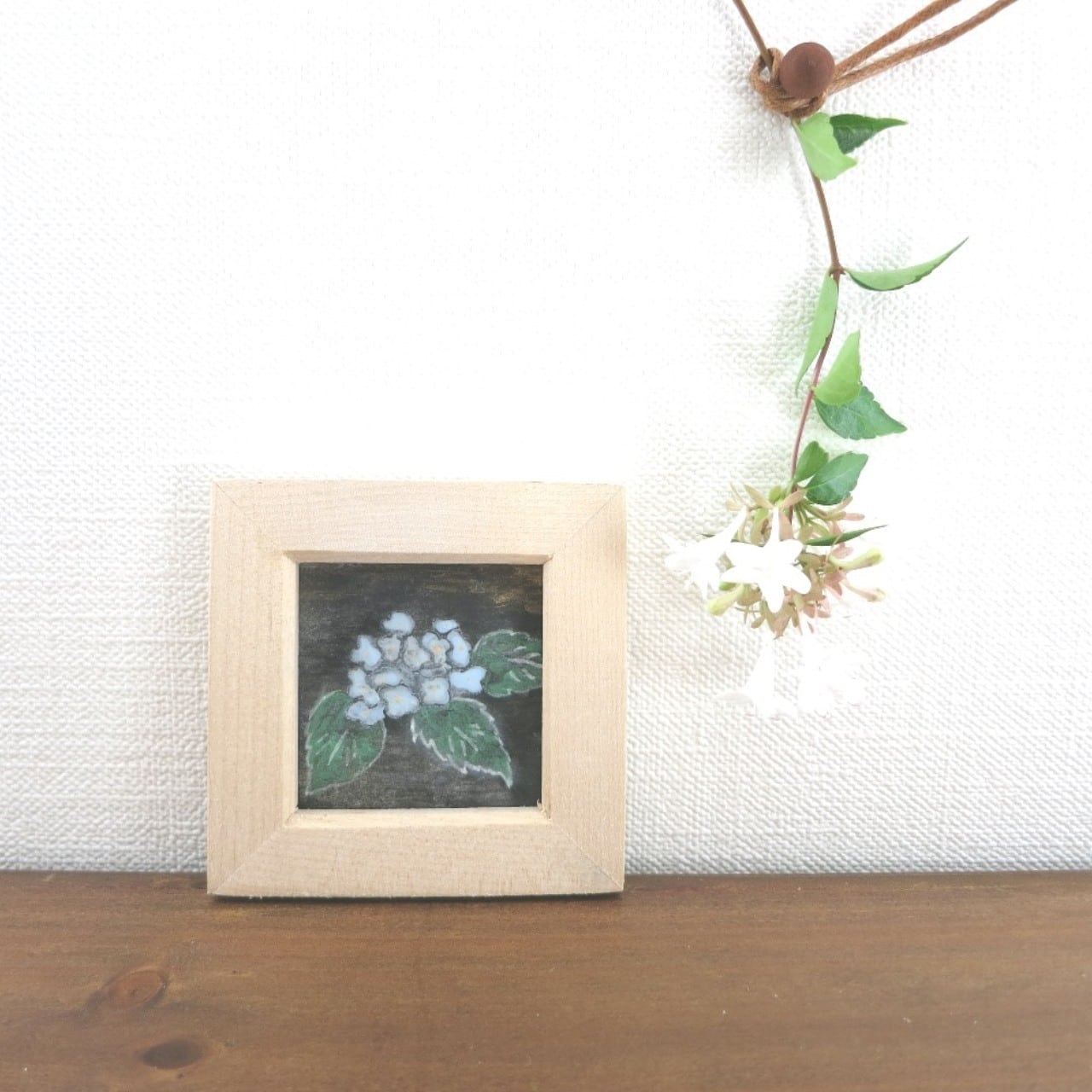日本画原画】水色の紫陽花と雨 絵画 ミニ額付き ミニアートパネル