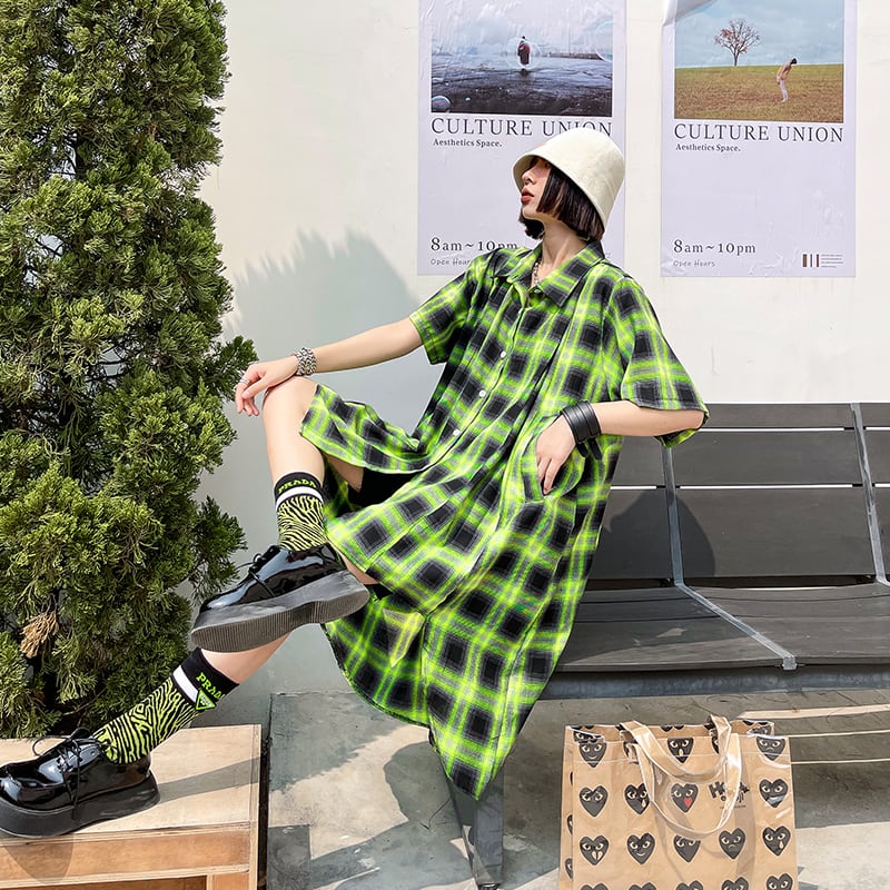 格子柄シャツ サマースタンダードスタイル半袖スリーブトップス ショート レトロ ハーフスリーブ 夏物 ラブタオタオダレンハウス13780497036