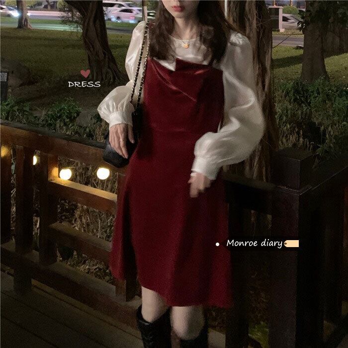 スカート レディーススタンダードベルベットレッドドレス オータムウィンターAライン レトロ 秋物 冬物 モンロー73418025414