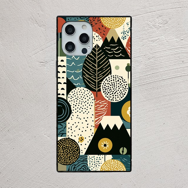 受注生産 iPhoneケース 黒猫と植物の民芸柄｜猫モチーフ FMSY077A
