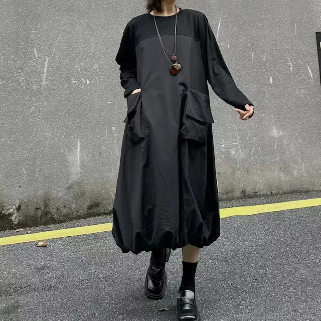 CONTRAST STITCH ROUND NECK BALLOON HEM MIDI PULLOVER DRESS 2colors M-15608