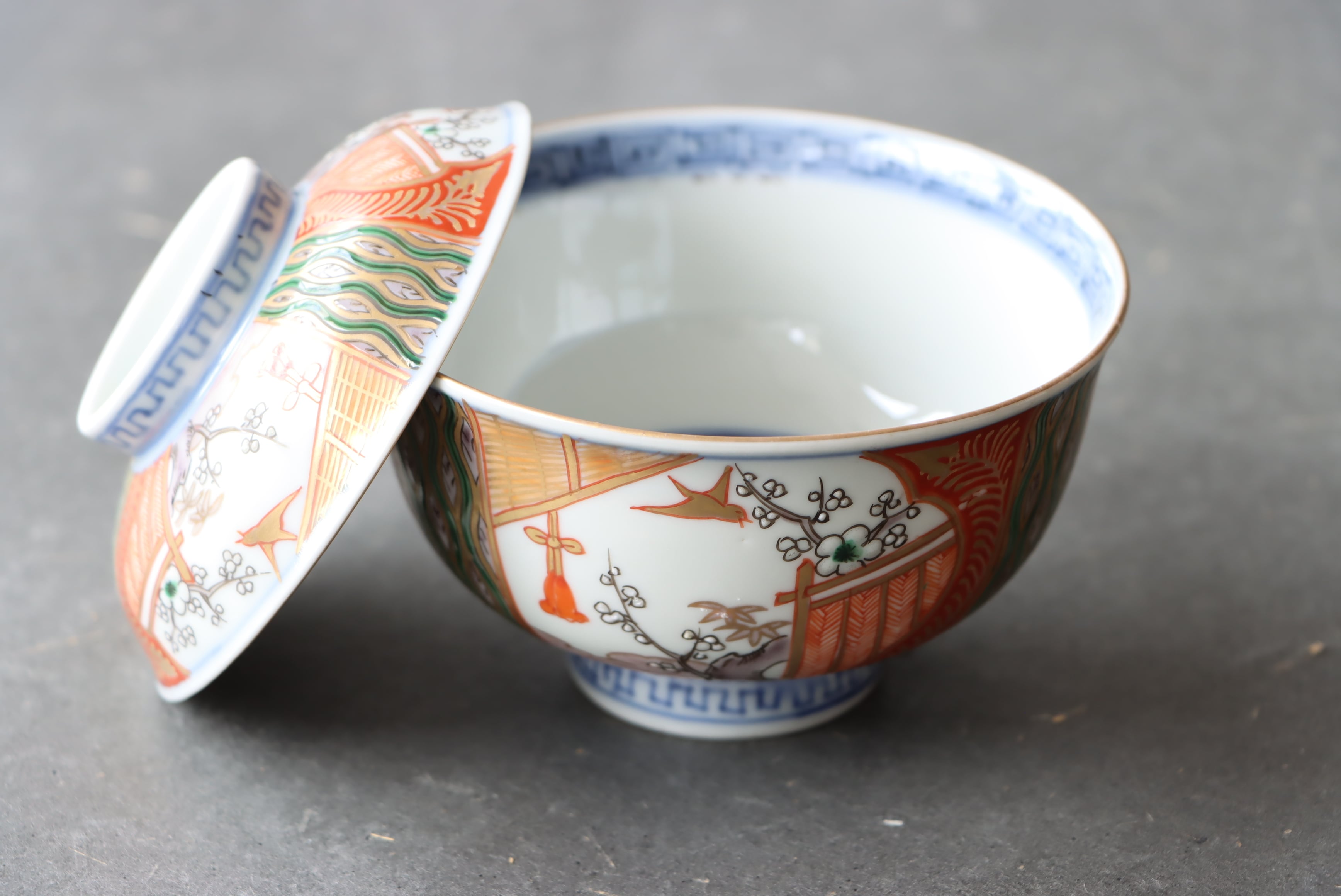 伊万里焼 色絵 花鳥文 蓋茶碗 通りもの/Imari covered bowl | (有)新原美術