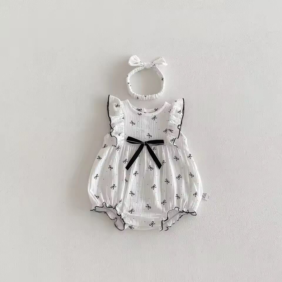 ヘアバンド付きリボンガーゼロンパース