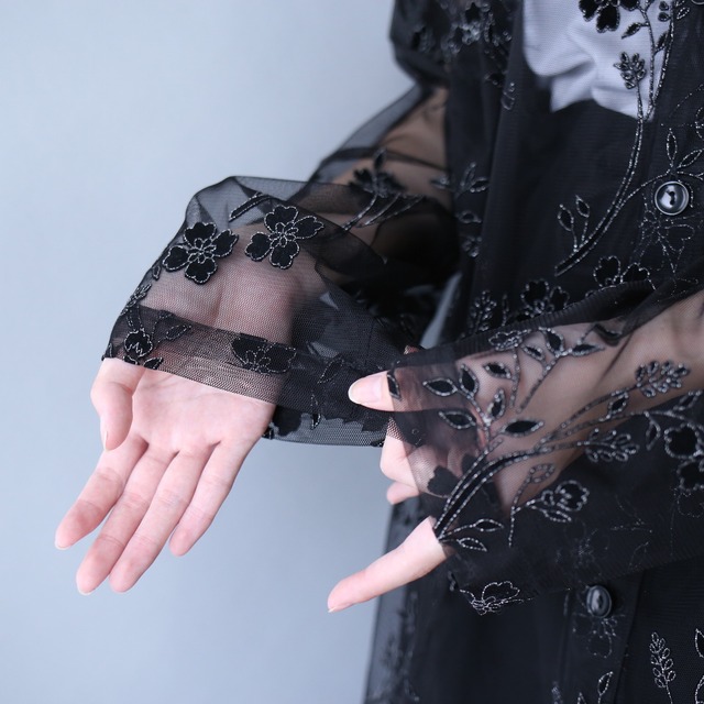 flower motif patch design black see-through shirt