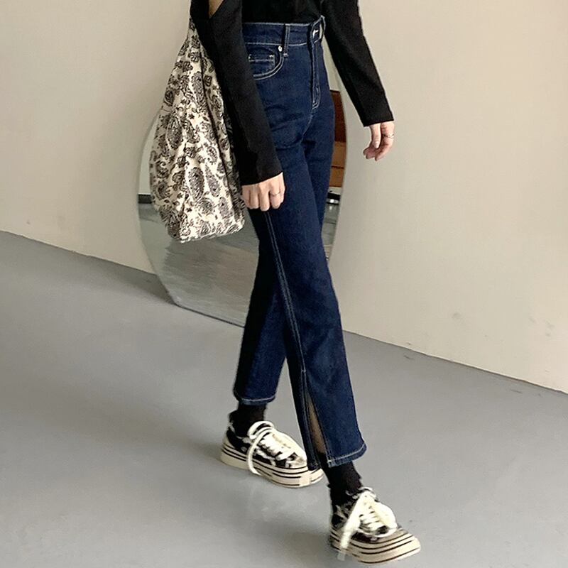 ダークブルージーンズ スプリングオータムハイウェストウェストルーズパンツ 春物 秋物 スーパーモール5190104972