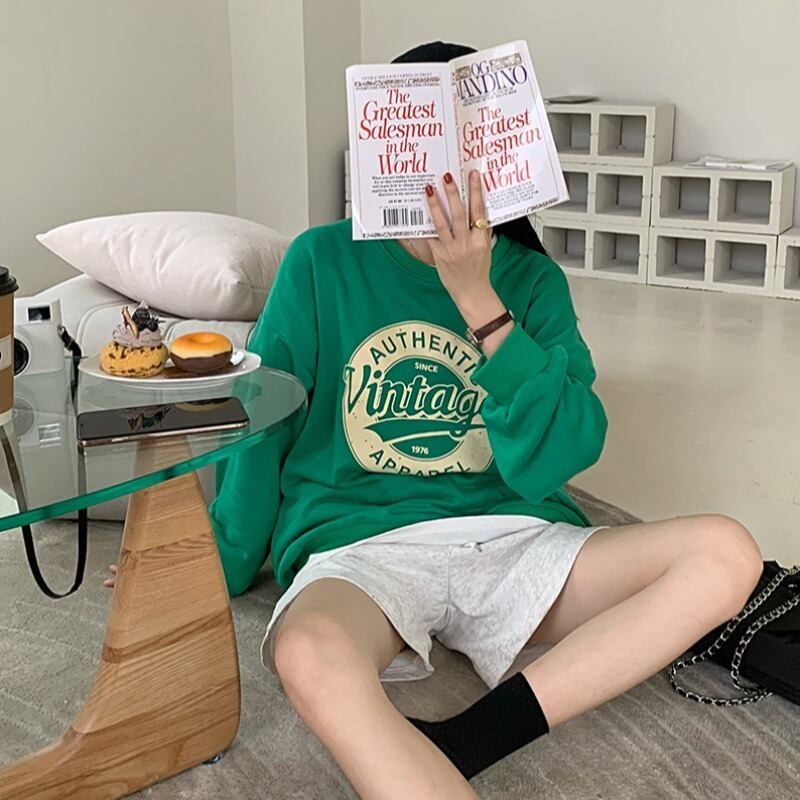 スタンダードグリーンプリント柄薄手ルーズセーター ジャケット スプリングオータムトップス ロング レトロ 春物 秋物 モンロー70412784822