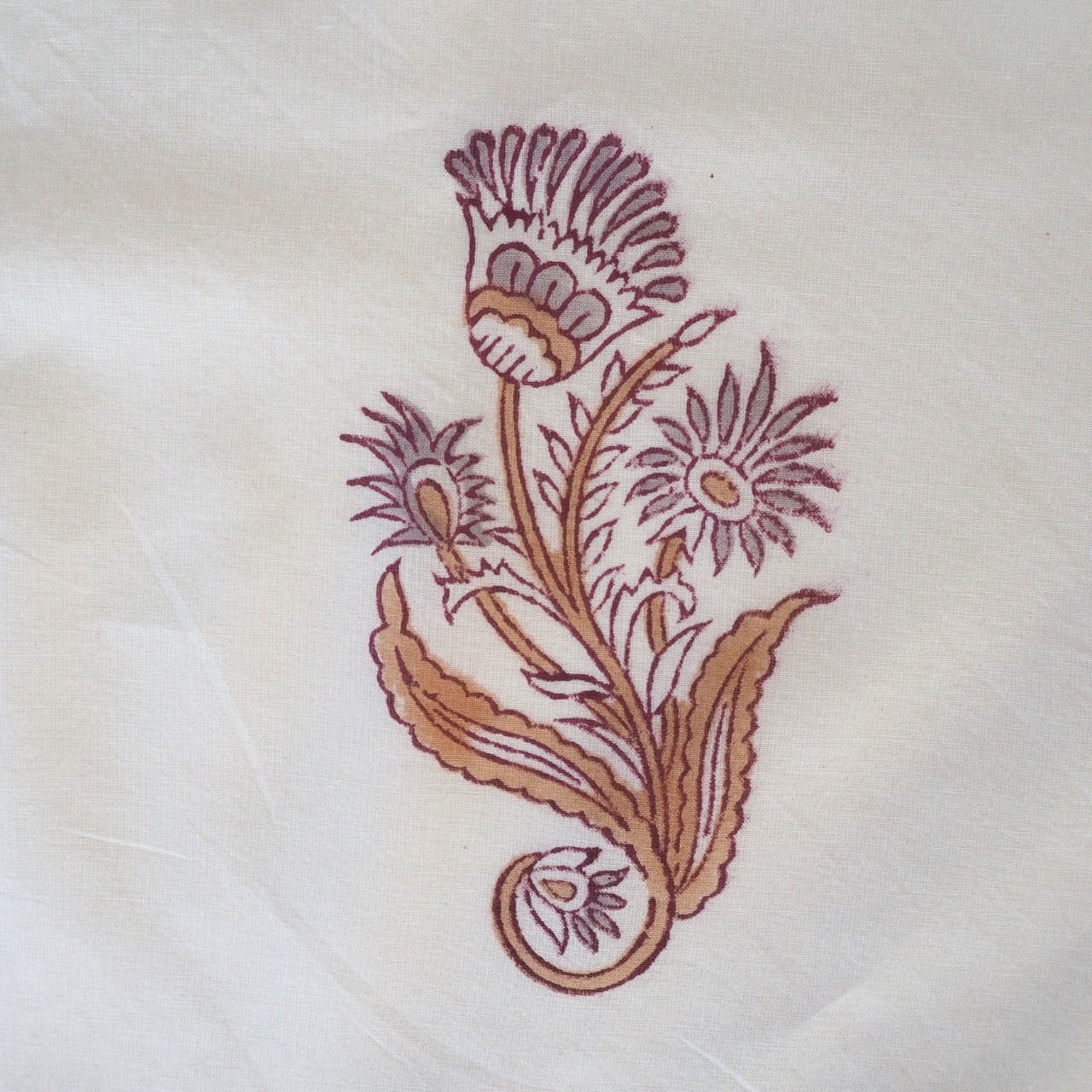 ブロックプリント生地【50cm単位】インド綿 花柄 白×グレージュ×薄茶 #16926-YL4