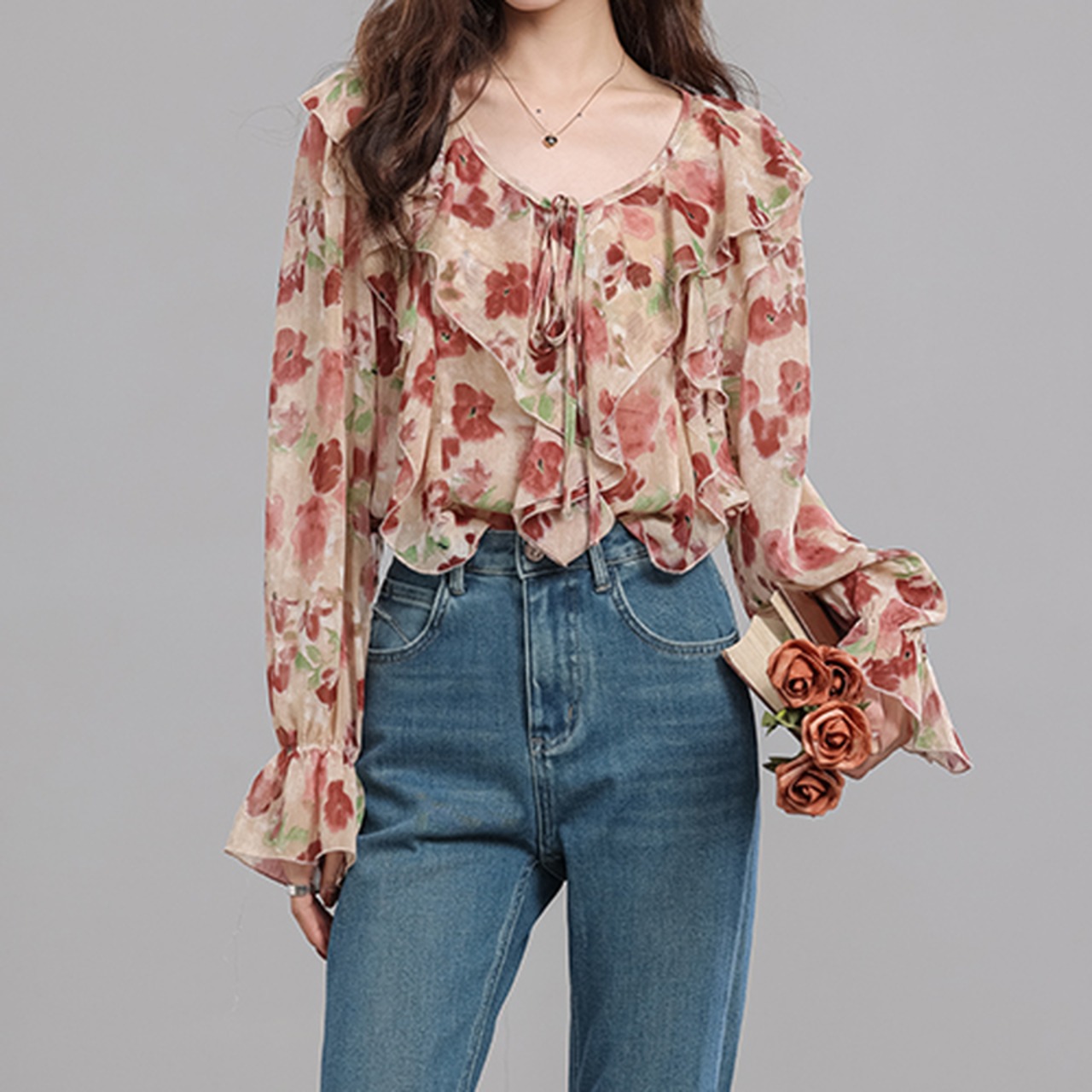 フラワーデザインフリルブラウス A01164