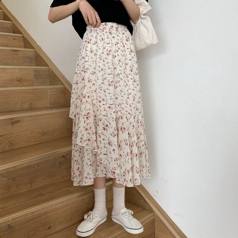 フリルステッチスカート女性2020年夏新気質ハイウエストスリミングオールマッチフローラルAラインミドル丈スカート 1号婦人67520831307