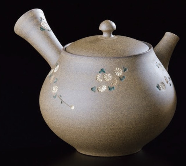 Y6 常滑焼 青峰作 焼〆菊急須 270cc 化粧箱入 伝統工芸 名工 銘品 逸品 