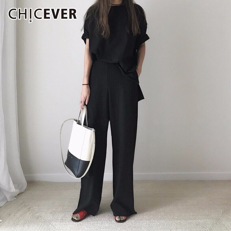 CHICEVERサマーツーピースセットレディーススーツアシンメトリーロングスリーブスプリットヘムTシャツトップス伸縮性ウエストワイドレッグパンツ 長袖 エラスティック 夏物 ワイドパンツ 6base548808064962