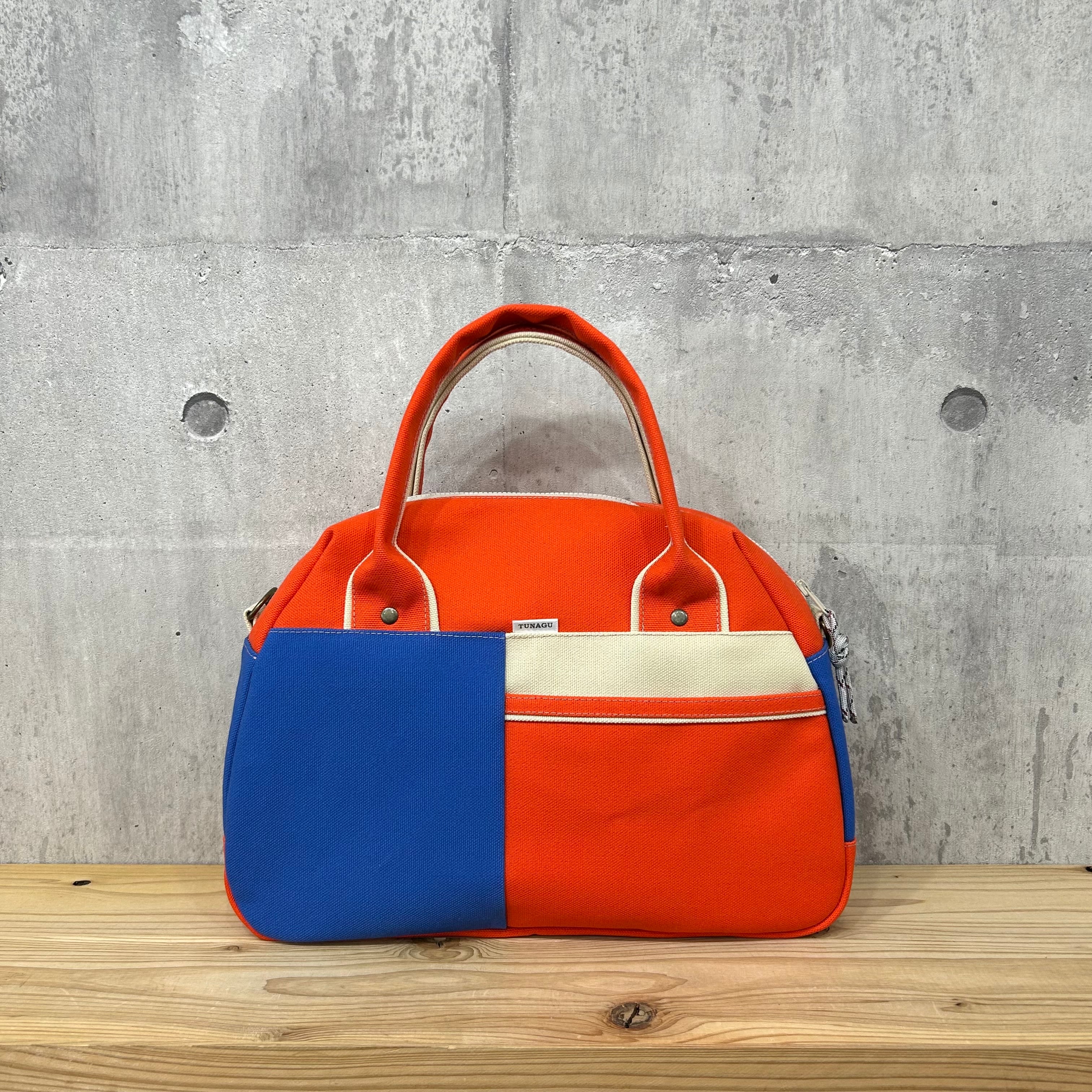 -* Boston Bag *- ブロック切替デザイン【オレンジ×ディープブルー×サンドビーチ】