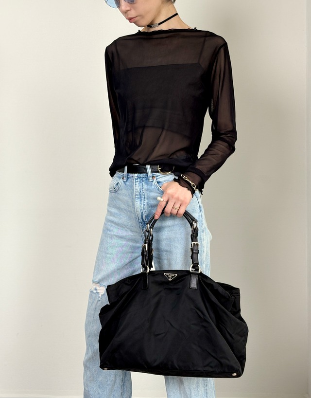 PRADA プラダ ハンドバッグ ブラック トライアングルロゴ ナイロン レザーハンドル トートバッグ vintage ヴィンテージ オールド 4f8fnv