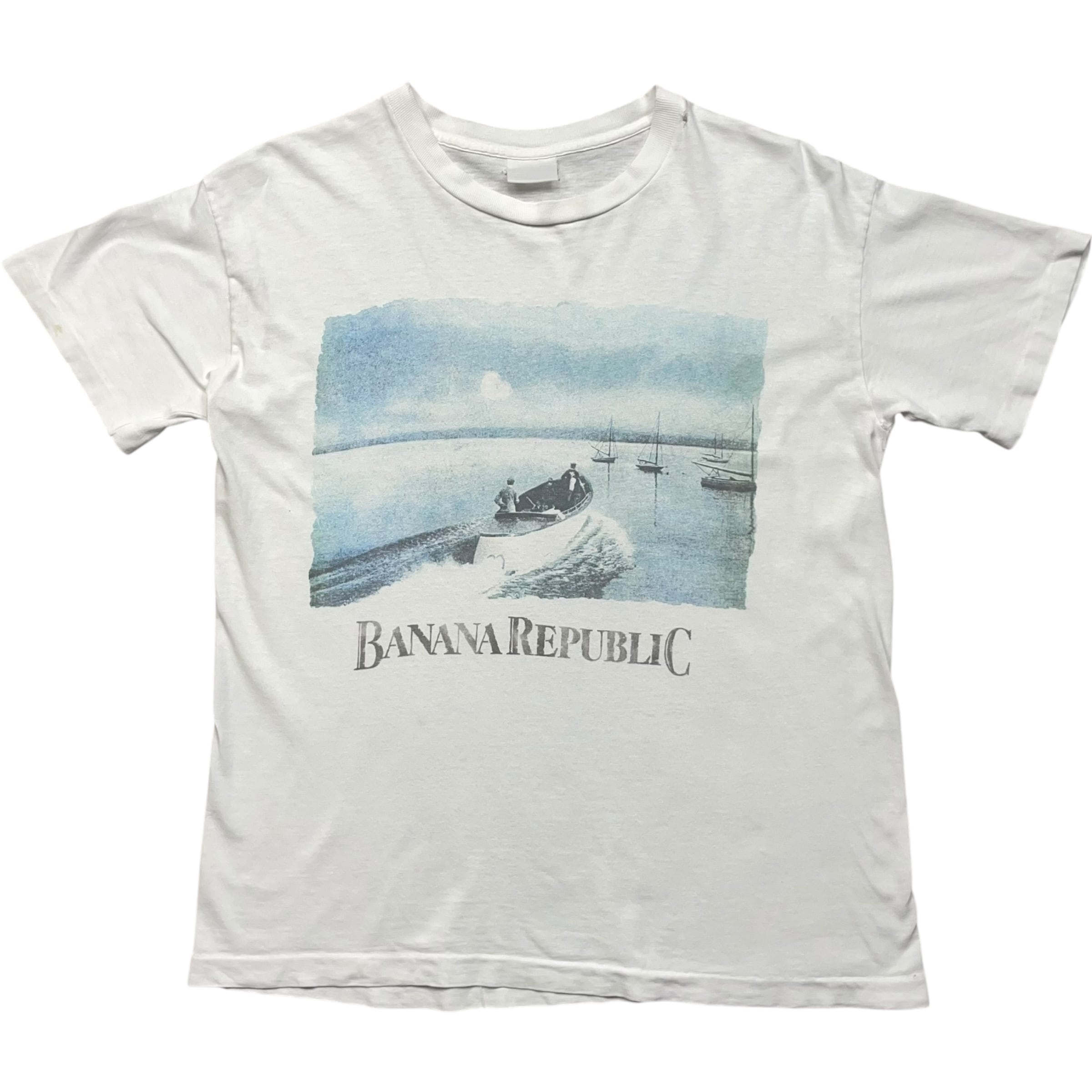 《L》BANANA REPUBLIC バナナリパブリック Tシャツ ボート 風景 フロントプリント シングルステッチ 90年代 vintage no.8602