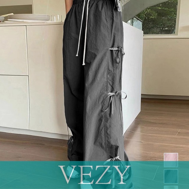 カーゴパンツ サイドリボン ワイドパンツ ウエストゴムストレートパンツ カジュアル ゆったりロングパンツ 体型カバーボトムス 春夏イージーパンツ韓国風 ボトムス VEZY ベジー  ItemNo.【22835984】