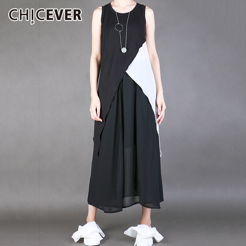 CHICEVERブラックシフォンOネックノースリーブドレスレディースパッチワークイレギュラーミディロングドレス春ラージサイズ2020 大きめサイズ スプリング 春物 6base572555062213