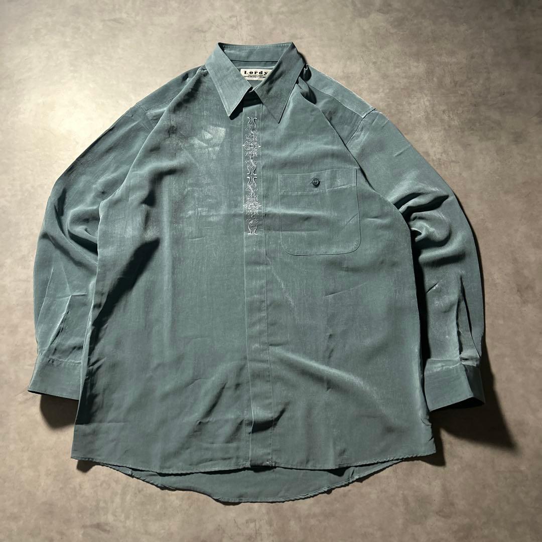 ヴィンテージ ブルー 刺繍 ロゴ レトロ デザイン レトロ ヨーロピアン シャツ