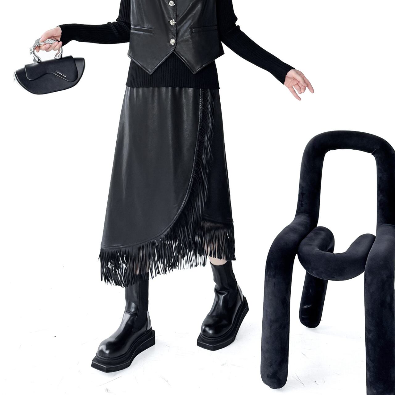 フリンジ付き Aライン フェイクレザー ロングスカート 00306