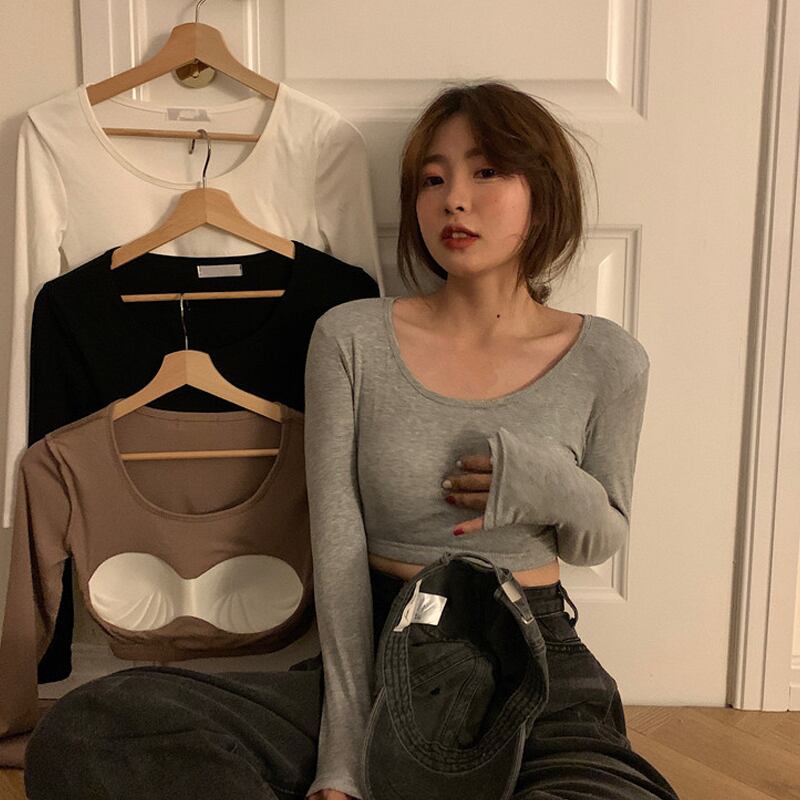 スリムクロップドショートシャツ トップス スプリンググレーTシャツ ロング 春物 スーパーモール95160351147