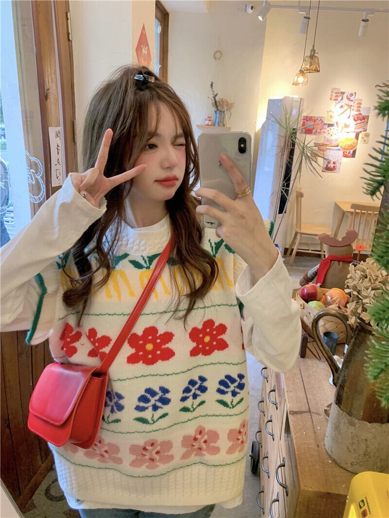 スタンダードFlowerデザイン ジャカードパターンノースリーブセーター ジャケット レディース レトロ 大人ガーリー スウィート キュート カジュアル フラワーデザイン 萌量不足71503545207