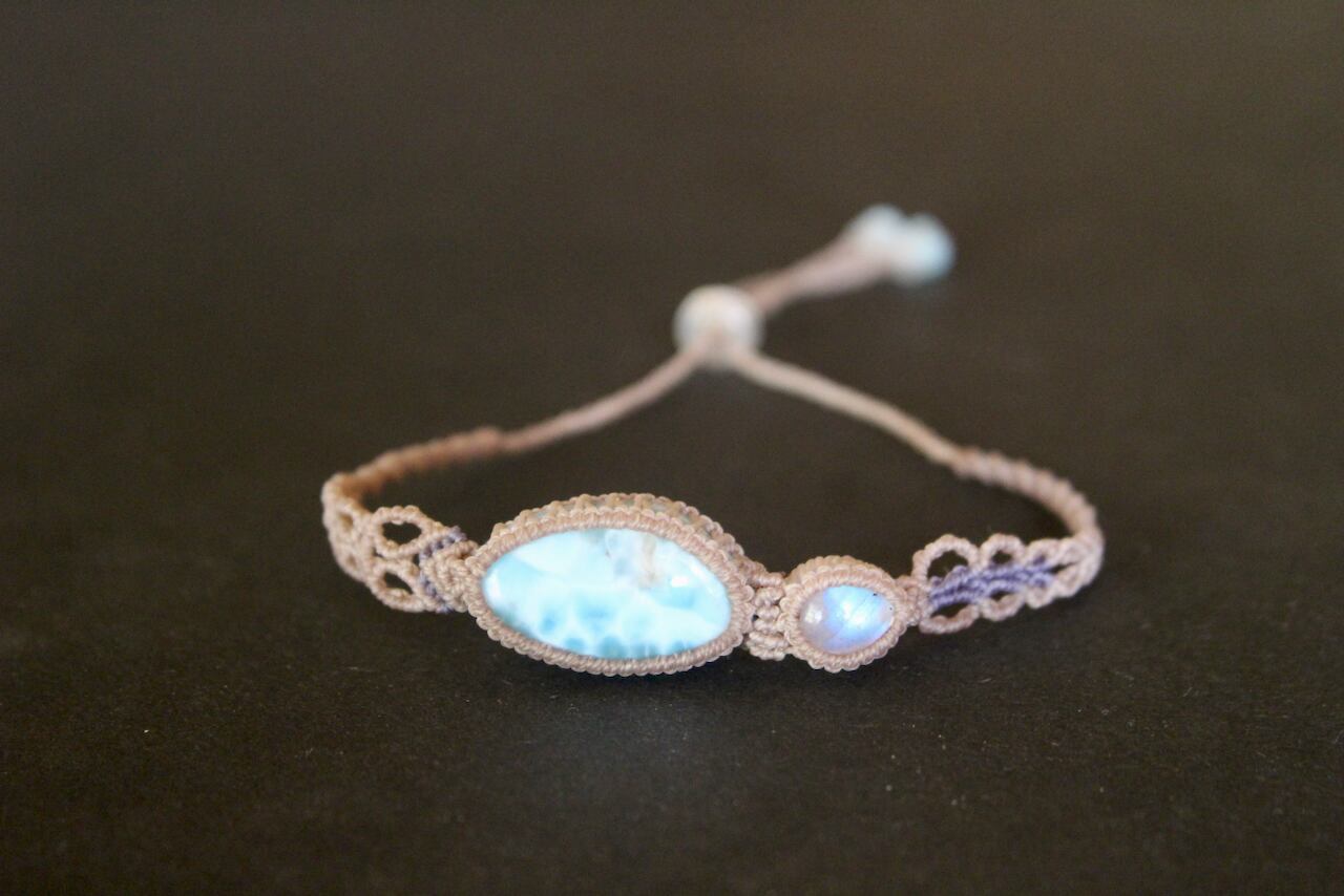 Larimar & Rainbow moonstone micro macrame bracelet