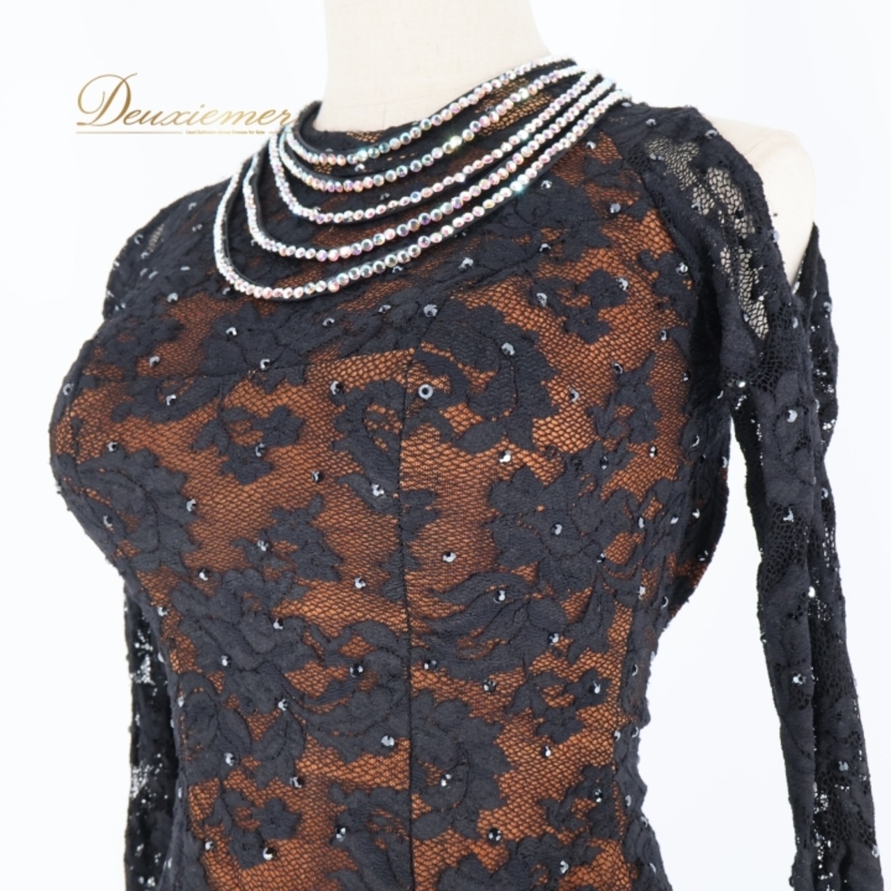 社交ダンス 衣装 ラテン ドレス ワンピース レース デモ 競技 YANAGIDA DANCEWEAR ヤナギダダンスウェア 黒 レース 発表会 パーティ 高級感 上品 ブラック系 ブラウン系 エレガント フェミニン セクシー ステージ衣装 フォーマル 長袖 レディース ダンスパフォーマンス ドレッシー コスチューム スタイリッシュ