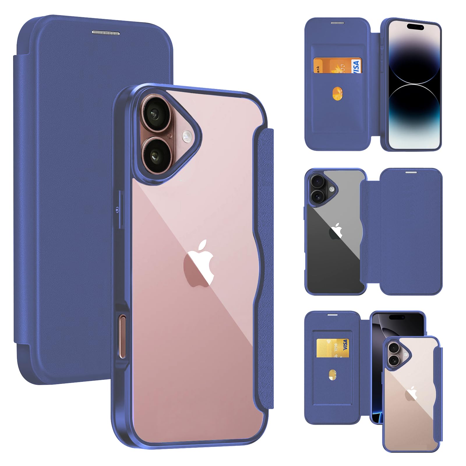 Guokaien iPhone17 用の ケース 手帳型 クリア 背面 透明 いPhone17 スマホケース カバー 軽量 高級なPUレザー+PCパネル+TPUバンパー 永久磁石 マグネット カード収納 人気財布型 手帳カバー(ブルー)