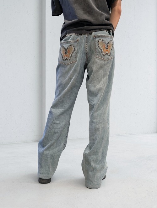 "NO BOUNDRIES" butterfly embroidery flare denim pants