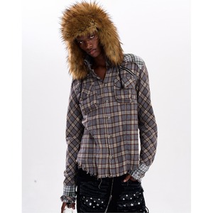 【DRIP6899】F3X Distressed Patchwork Plaid Long Sleeve Shirt Jacket