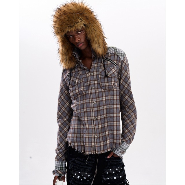 【DRIP6899】F3X Distressed Patchwork Plaid Long Sleeve Shirt Jacket