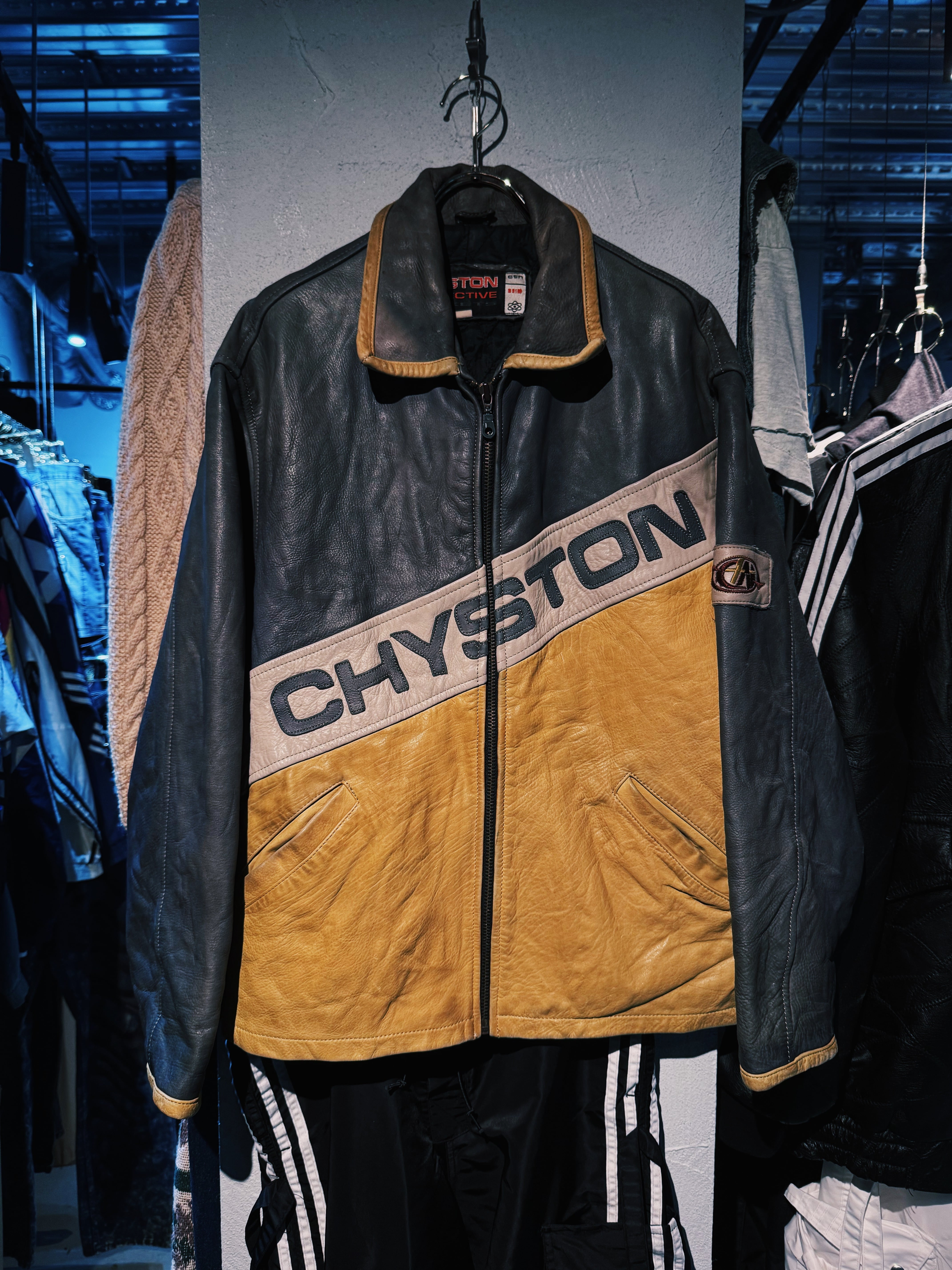 【D4C】90's vintage "CHYSTON"switching color design leather single racing jacket