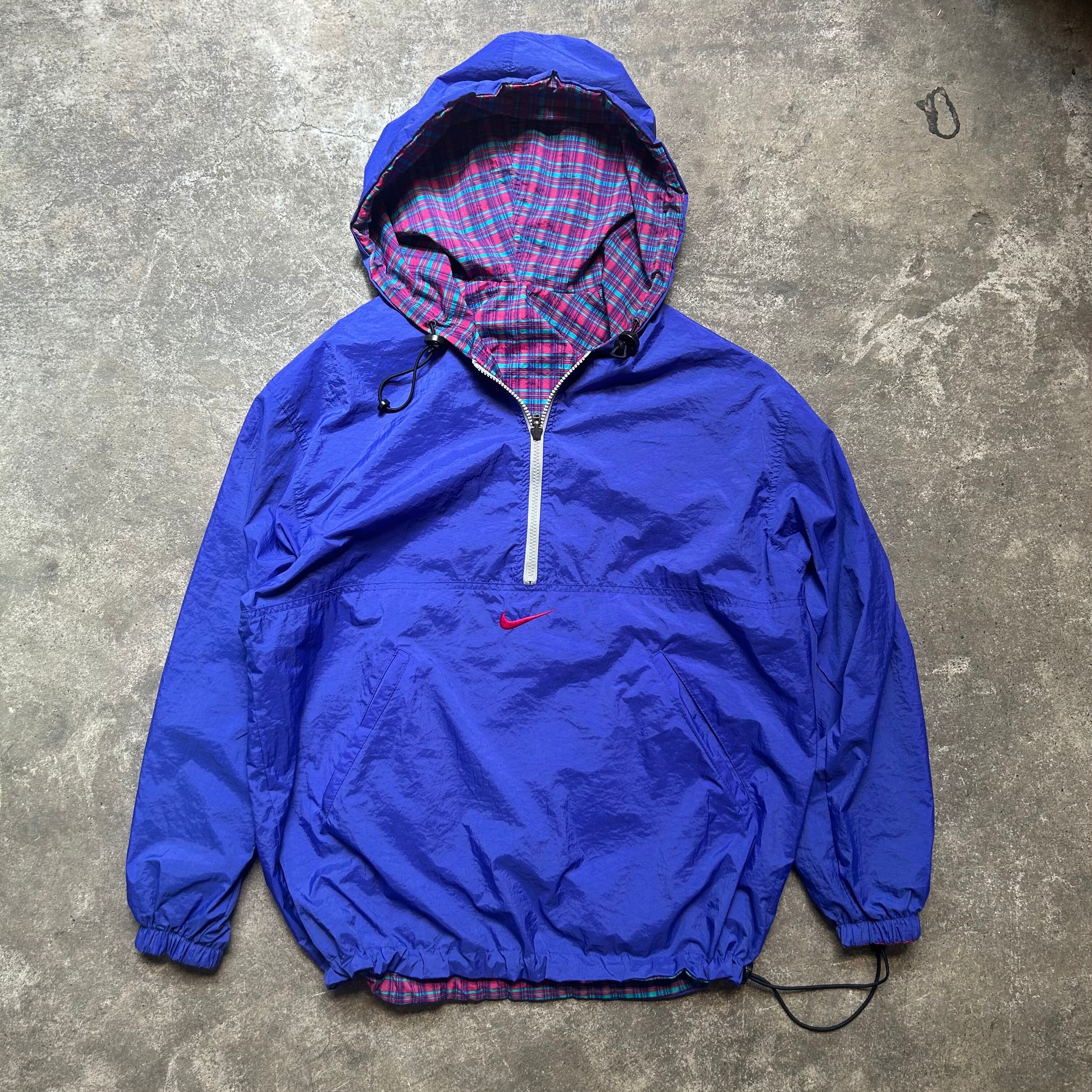 90s NIKE ナイロン アノラック パーカー リバーシブル Lサイズ 刺繍ロゴ チェック ナイキ anorak ジャケット #FR508063