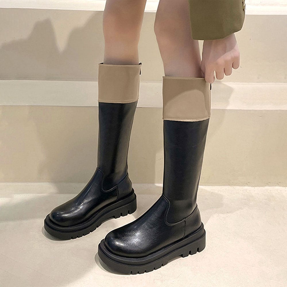 ジョッキーブーツ レディース 秋冬 韓国 厚底 PUレザー ロングブーツ 大人 きれいめ シンプル 通勤 太ヒール 歩きやすい 履きやすい 大人可愛い 大人女子