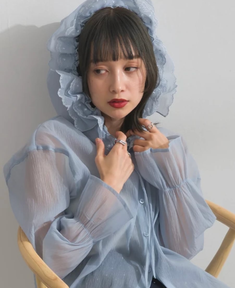 ナンバーミーTOKYO" SHEER FRILLS HOODIE SHIRTS"BLUE