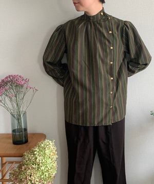 【送料無料】70's green striped blouse