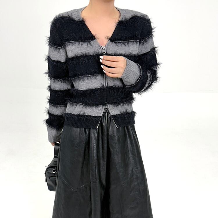 ボーダー フェザーニット ジップカーディガン R30428