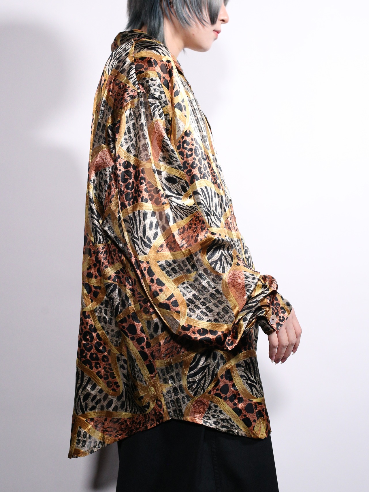 "zebra × leopard" oversize satin sheer shirt - 4