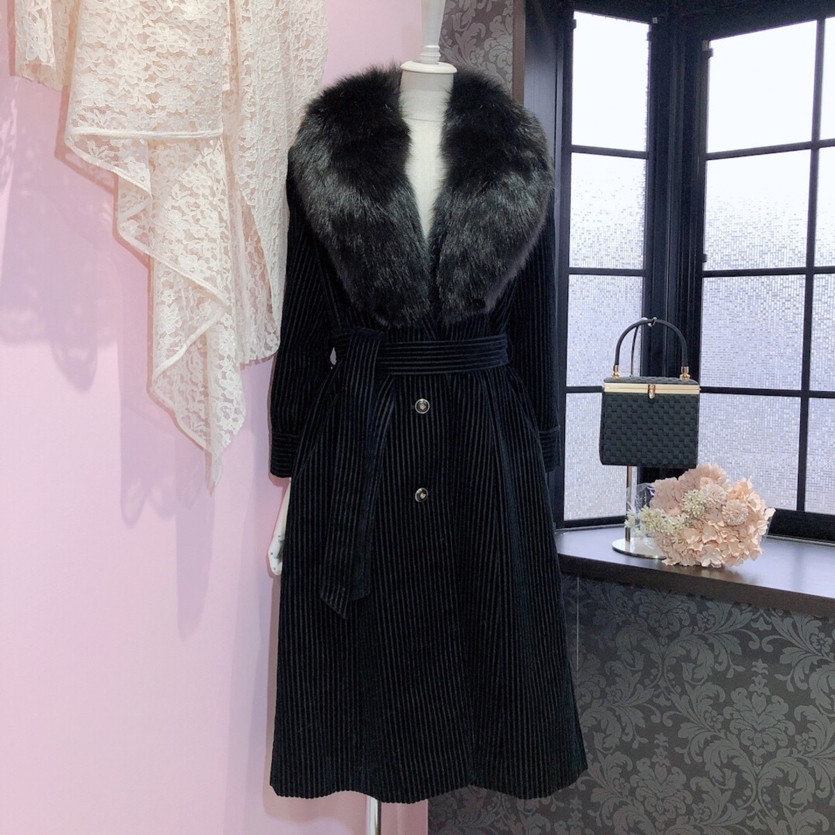 ヴィンテージコート / 日本製ファーコーデュロイブラックロングコート 