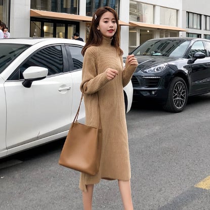 ニットワンピース セーター タートルネック キャメル ベージュ ロング