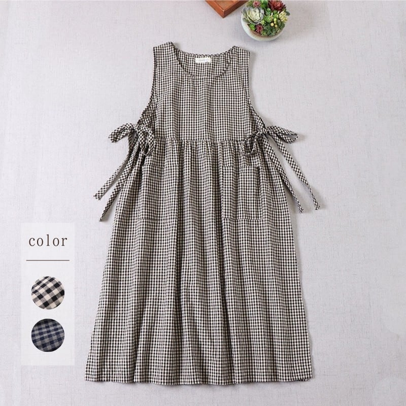 チェック柄リボンサイドスリットベストワンピース W1698