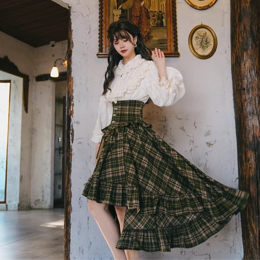 サブカル 服 地雷系 通販 クラロリ スカート チェック柄 アシンメトリー レース ギャザー お嬢様コーデ 上品 ロマンティック