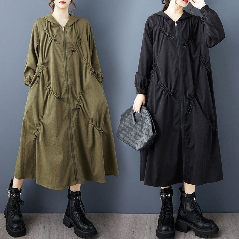 HOODED RELAXED LONG DRAWSTRING ZIPPER COAT M-18129