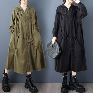 HOODED RELAXED LONG DRAWSTRING ZIPPER COAT M-18129