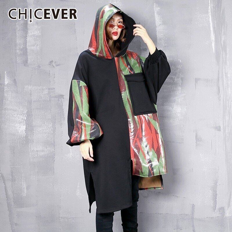 CHICEVERヒットカラーレディースパーカートップススウェットシャツランタンスリーブ非対称裾ルーズプルオーバー秋の服 オータム 秋物 6base584289258938