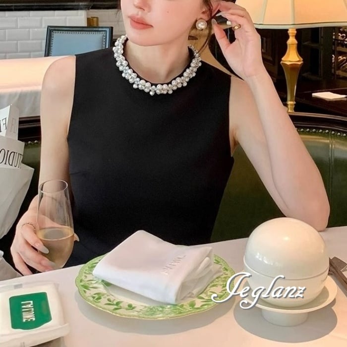 パーティ ドレス ワンピース ノースリーブ ビジュー付き フレア ミニ丈(M9171)ε