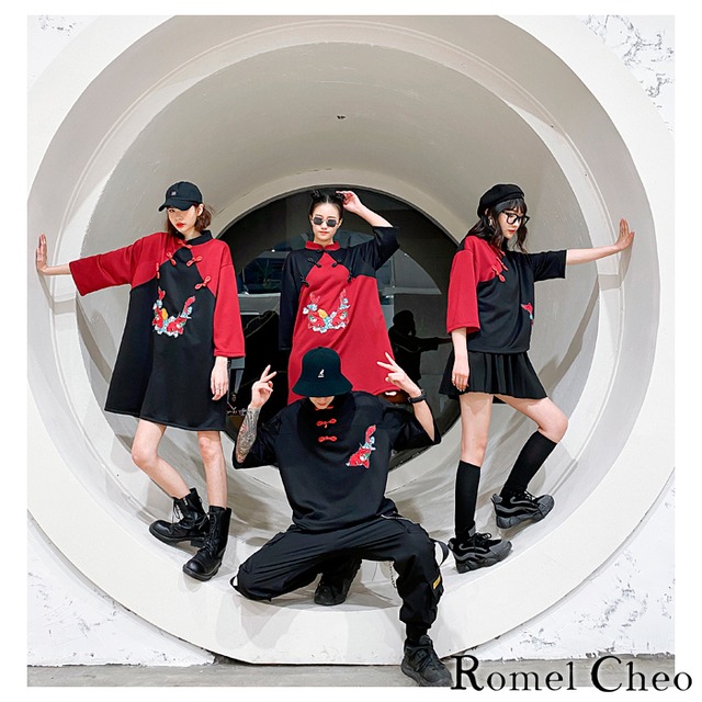 お支払い確認後日以内発送 Romelcheo メンズ 赤黒 チャイナシャツ 和柄 エスニック アジアン 原宿系 ストリート系 カジュアル ファッション ペア リンク シミラー コーデ お揃い 色違い ロメルチェオ Romelcheo