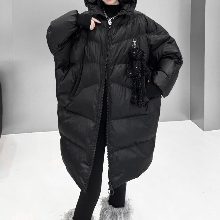 BLACK HOODED MIDI FULLZIP PADDED COAT 1color M-15307