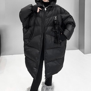 BLACK HOODED MIDI FULLZIP PADDED COAT 1color M-15307